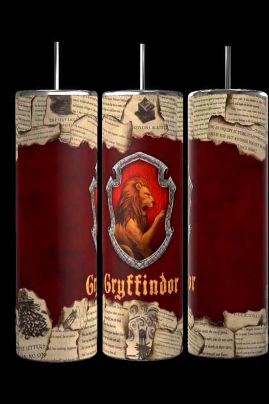 Three tumblers from the Harry Potter Collection by Kreative Kreationz showcase a red and gold Gryffindor crest with a lion emblem. The design, enhanced by paper-like textures and text on the top and bottom, is set against a deep red backdrop. Each 20 oz tumbler comes with a spill-proof lid for convenient use.