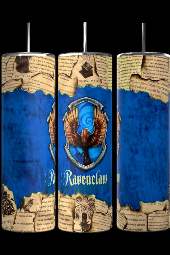 Three cylindrical tumblers from the Kreative Kreationz Harry Potter Collection showcase a blue and parchment-themed design featuring the Ravenclaw crest prominently. The background displays torn parchment edges and text, with spill-proof lids and metal straws included. Each tumbler has a 20 oz capacity, making them perfect for any magical adventure.