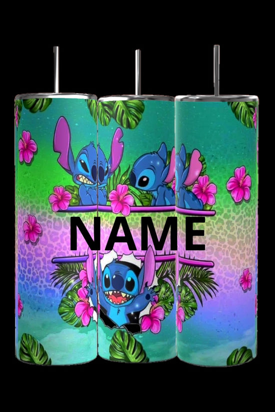Kreative Kreationz offers the Customizable Stitch 20oz Tumbler featuring a blue alien character surrounded by pink flowers, green leaves, and a gradient of green, blue, and purple. Personalize with your name in bold for the perfect colorful drinkware!.