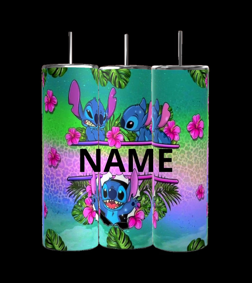 Kreative Kreationz offers the Customizable Stitch 20oz Tumbler featuring a blue alien character surrounded by pink flowers, green leaves, and a gradient of green, blue, and purple. Personalize with your name in bold for the perfect colorful drinkware!.