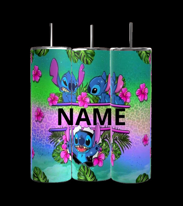 Kreative Kreationz offers the Customizable Stitch 20oz Tumbler featuring a blue alien character surrounded by pink flowers, green leaves, and a gradient of green, blue, and purple. Personalize with your name in bold for the perfect colorful drinkware!.