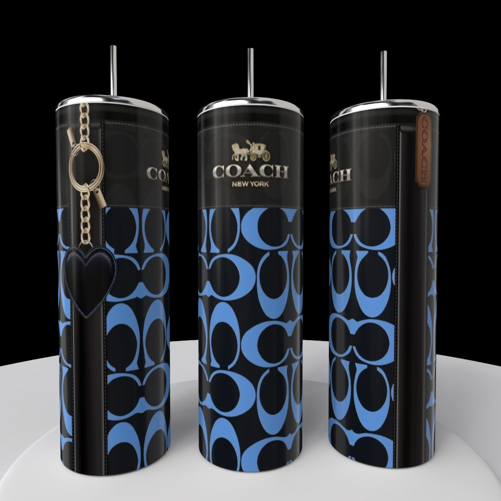 Three sleek Kreative Kreationz (Copy) Coach Blue Red Heart 20oz Skinny Tumblers, featuring stainless steel and blue with red heart design, are displayed on a white surface with silver lids and straws against a black background.