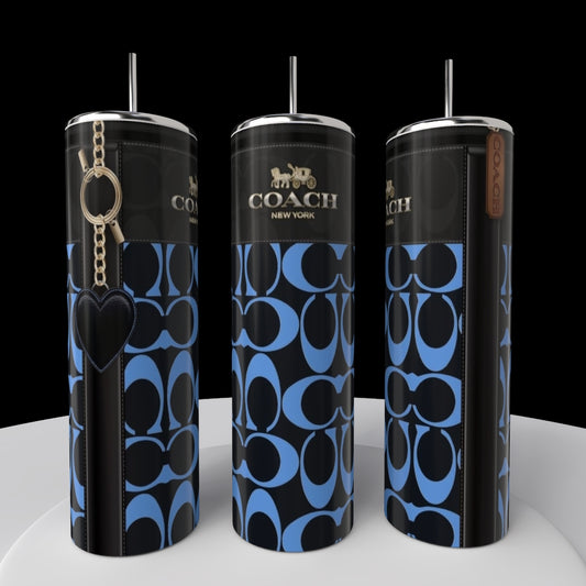 Three sleek Kreative Kreationz (Copy) Coach Blue Red Heart 20oz Skinny Tumblers, featuring stainless steel and blue with red heart design, are displayed on a white surface with silver lids and straws against a black background.