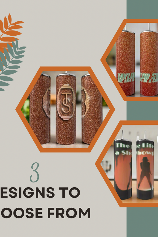 A graphic shows three “The life of a Showgirl Inspired Taylor Swift 20oz Tumbler Collection” designs by Kreative Kreationz in hexagonal frames, with “3 designs to choose from” and an orange-green leaf illustration in the corner.