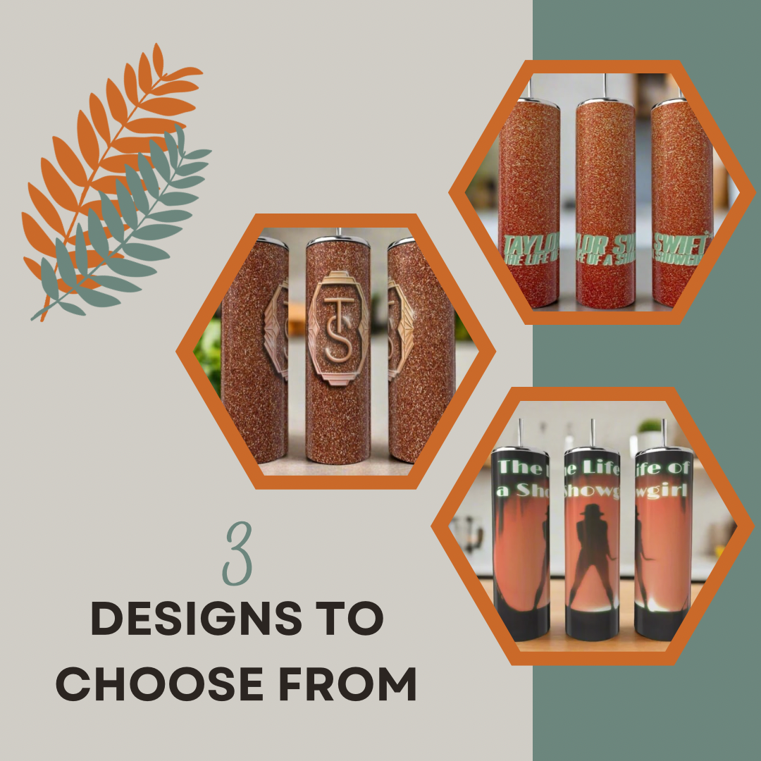 A graphic shows three “The life of a Showgirl Inspired Taylor Swift 20oz Tumbler Collection” designs by Kreative Kreationz in hexagonal frames, with “3 designs to choose from” and an orange-green leaf illustration in the corner.