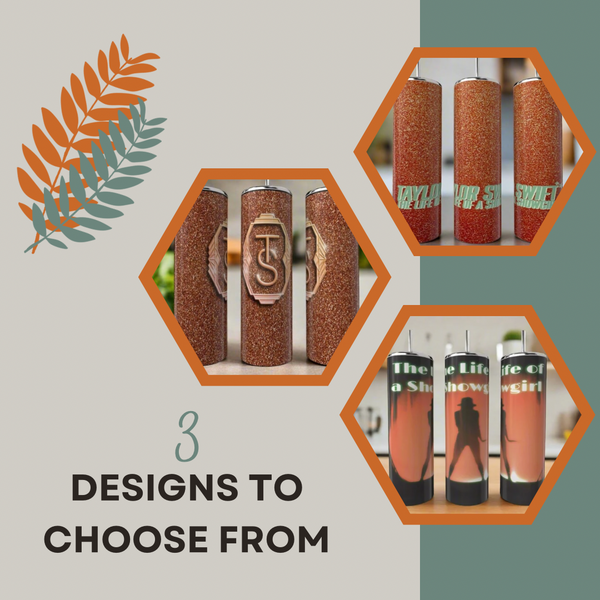 A graphic shows three “The life of a Showgirl Inspired Taylor Swift 20oz Tumbler Collection” designs by Kreative Kreationz in hexagonal frames, with “3 designs to choose from” and an orange-green leaf illustration in the corner.