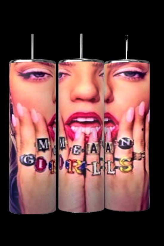 The Mean Girls 20oz Tumblers by Kreative Kreationz, sold in a set of three, feature an up-close image of a woman with long nails covering her face. Her hands are adorned with colorful rings spelling out 