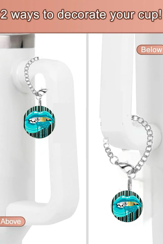 The Tiffany Lips Cup Charm by Kreative Kreationz is shown attached above and below a cup handle. The text reads, 