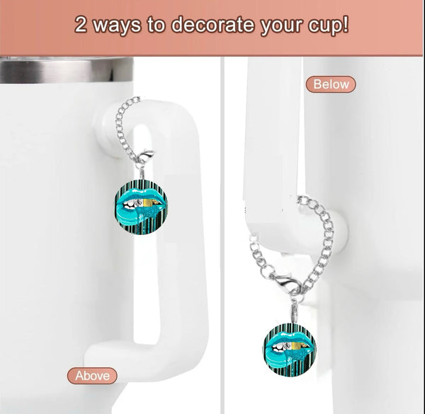The Tiffany Lips Cup Charm by Kreative Kreationz is shown attached above and below a cup handle. The text reads, "2 ways to decorate your cup!" for unique designs and tumbler accessory inspiration.