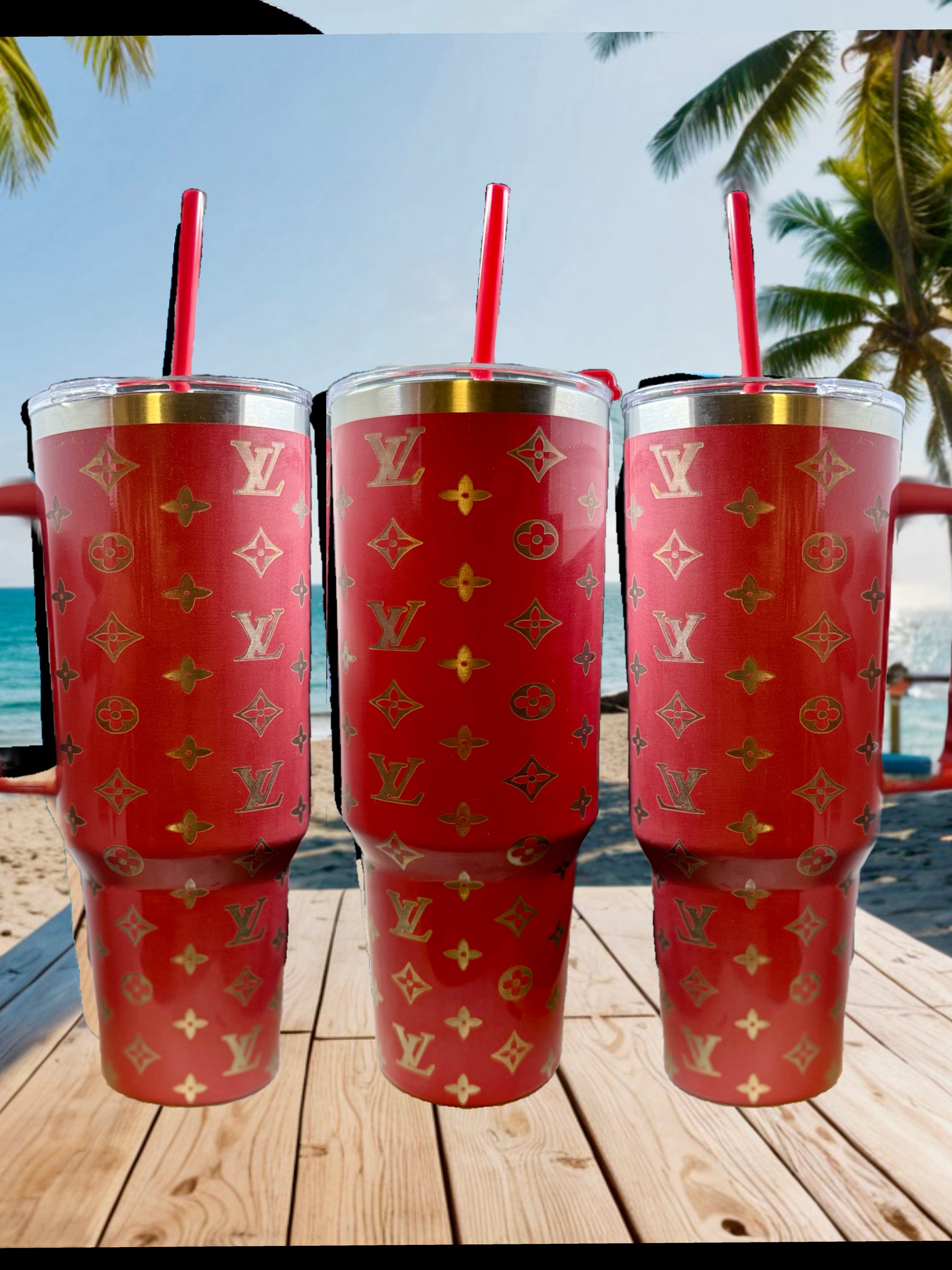 Louis Vuitton Inspired Gold Etched Engraved 40oz Stainless Steel Tumbler