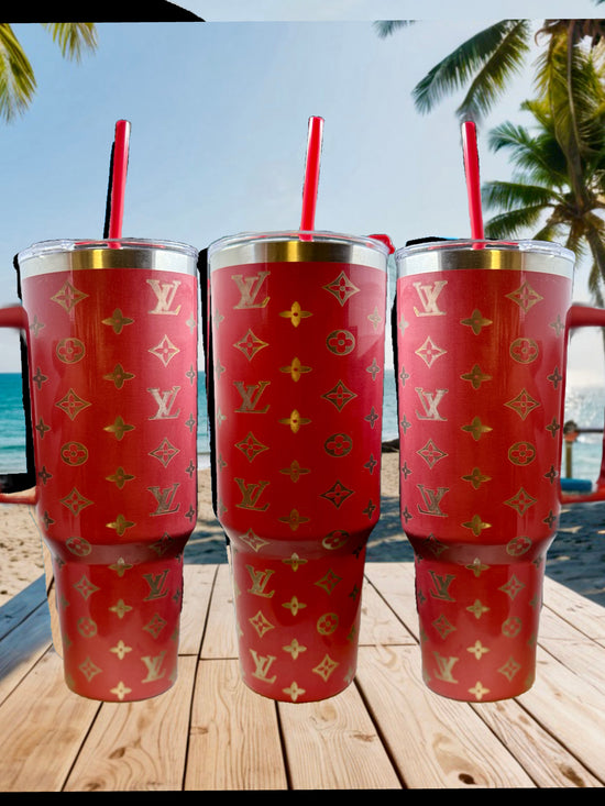 Louis Vuitton Inspired Gold Etched Engraved 40oz Stainless Steel Tumbler