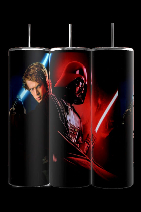 Discover the ultimate 3-piece Star Wars tumbler set from Kreative Kreationz. Each 20oz Skinny Tumbler is exquisitely crafted with iconic saga characters: a young hero with a blue lightsaber, a dark figure with red, and a cloaked enigma wielding power. Durable design and spill-proof lids included.