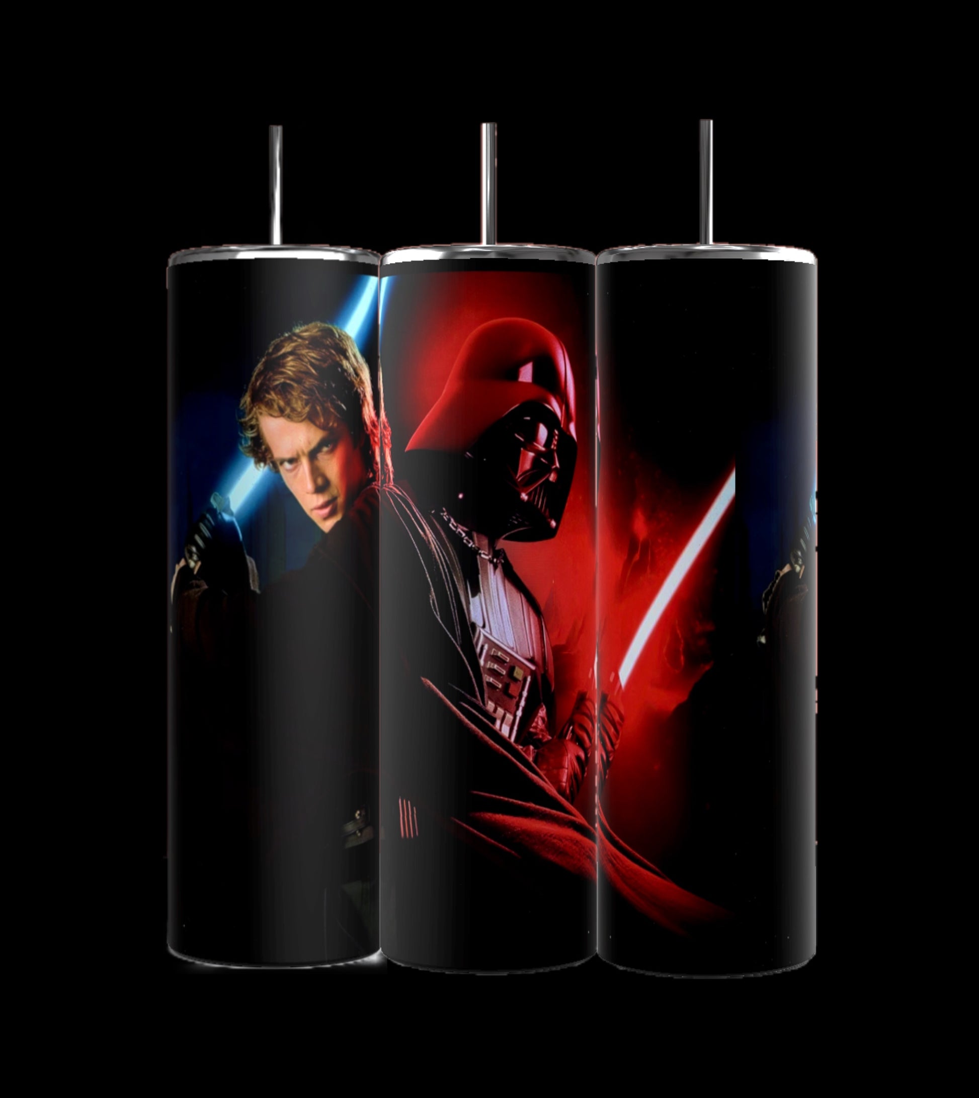 Discover the ultimate 3-piece Star Wars tumbler set from Kreative Kreationz. Each 20oz Skinny Tumbler is exquisitely crafted with iconic saga characters: a young hero with a blue lightsaber, a dark figure with red, and a cloaked enigma wielding power. Durable design and spill-proof lids included.