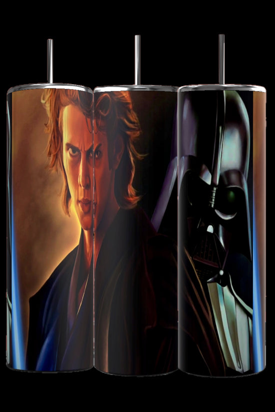 The Star Wars 20oz Tumbler by Kreative Kreationz features eco-friendly drinkware with straw lids, displaying artwork of a character evolving from a young man with long hair to a masked figure in a dark helmet and cape, set against a black backdrop.