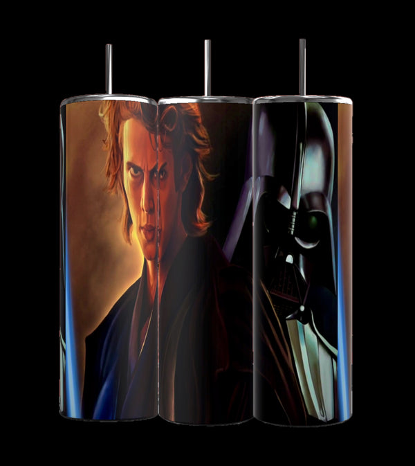 The Star Wars 20oz Tumbler by Kreative Kreationz features eco-friendly drinkware with straw lids, displaying artwork of a character evolving from a young man with long hair to a masked figure in a dark helmet and cape, set against a black backdrop.