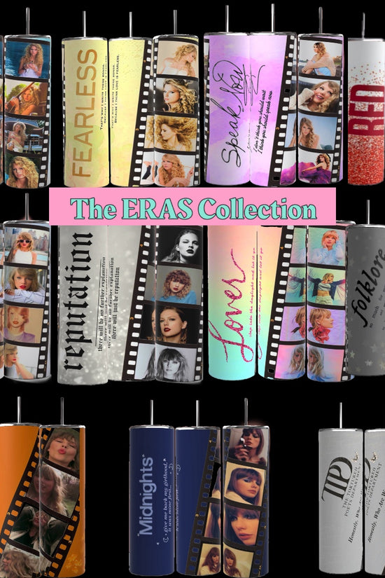 Collection of Taylor Swifts Eras Tumblers: Debut, Fearless, Speak Now, Red, 1989. Reputation, Lover, Evermore, Folklore, Midnights, and TTPD 
