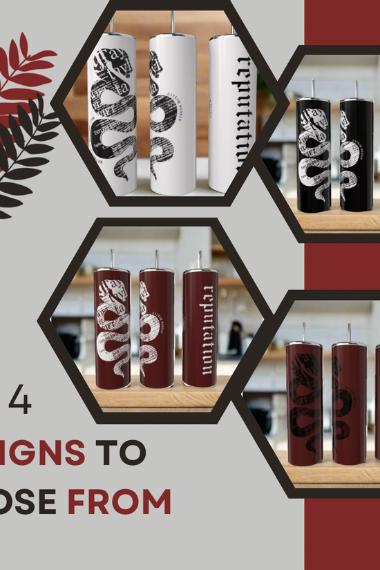 Four hexagonal frames display Kreative Kreationz's REPUTATION Snake 20oz Skinny Tumblers in black, white, and maroon. 