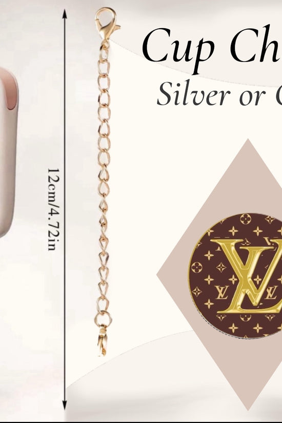 The Louis Vuitton Charm Dangle by Kreative Kreationz is a 12 cm cup accessory with a gold lobster clasp chain and round brown pendant featuring a gold 