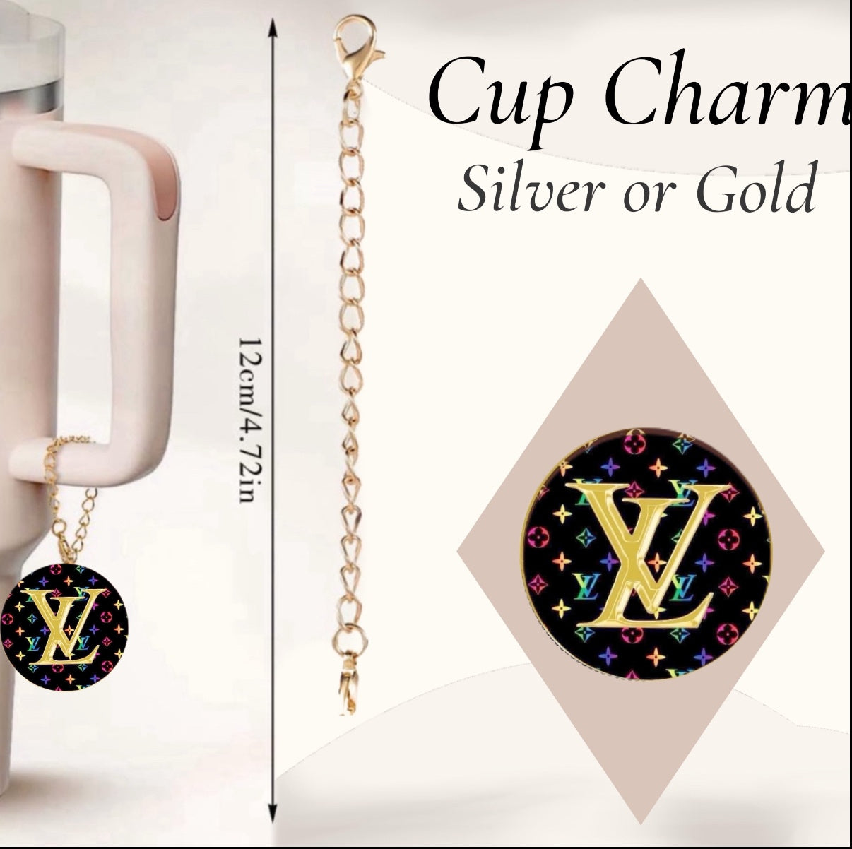 The Louis Vuitton Charm Dangle by Kreative Kreationz is a gold or silver 12 cm cup chain with a lobster clasp and round black personalized pendant, featuring a colorful pattern and gold "LV" initials—perfect as a stylish cup accessory.