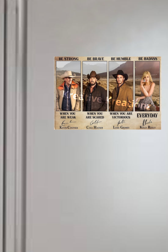 A fridge magnet by Kreative Kreationz features four figures in Western attire with the phrases 