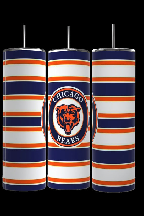 The Chicago Bears 20oz Tumblers by Kreative Kreationz have vertical blue, orange, and white stripes. The center tumbler displays a circular logo with a bear and 