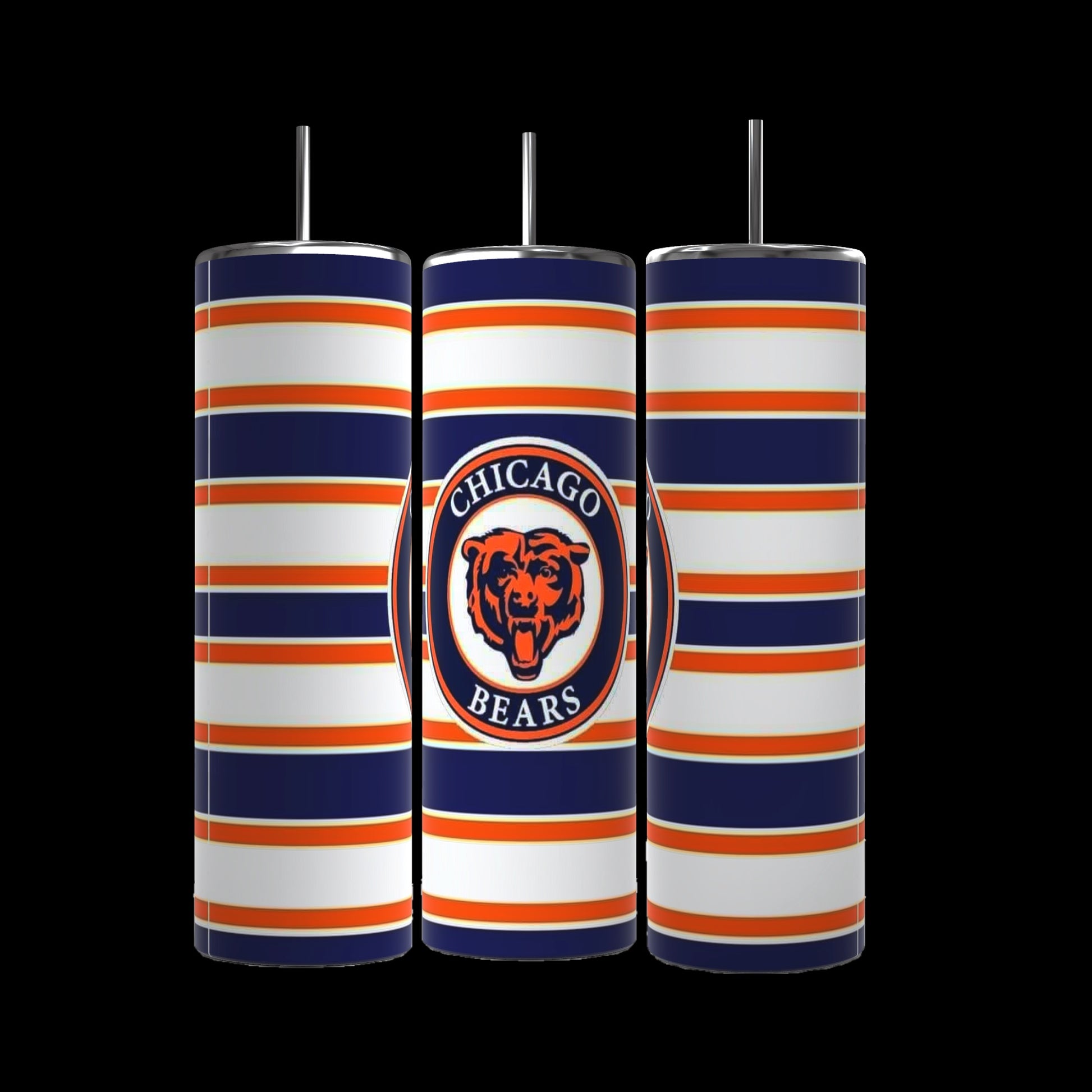 The Chicago Bears 20oz Tumblers by Kreative Kreationz have vertical blue, orange, and white stripes. The center tumbler displays a circular logo with a bear and "Chicago Bears" on a blue background. Each features double-wall insulation for temperature control and includes a metal straw.