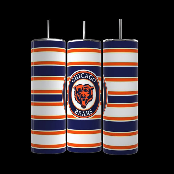 The Chicago Bears 20oz Tumblers by Kreative Kreationz have vertical blue, orange, and white stripes. The center tumbler displays a circular logo with a bear and "Chicago Bears" on a blue background. Each features double-wall insulation for temperature control and includes a metal straw.