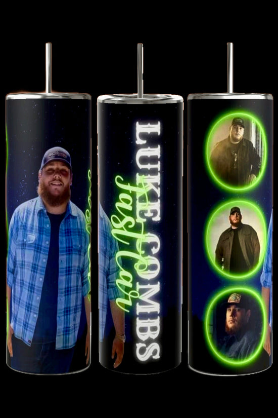 The Luke Combs 20oz Tumbler by Kreative Kreationz showcases three tall sublimated designs featuring images of a man in a cap and plaid shirt. Each design incorporates three different photos set against a dark background with green accents, along with text reading 