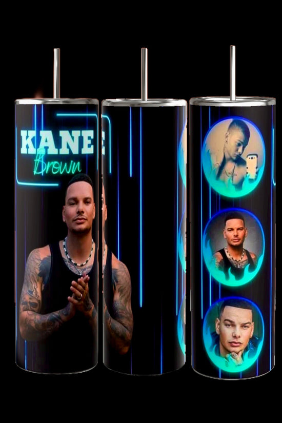 Kreative Kreationz presents the Kane Brown 20oz Tumbler, a sleek, skinny design featuring vibrant neon blue and green artwork of a tattooed man in multiple poses. The text 
