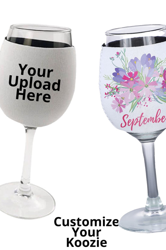 A pair of wine glasses featuring insulating neoprene koozies, one with 