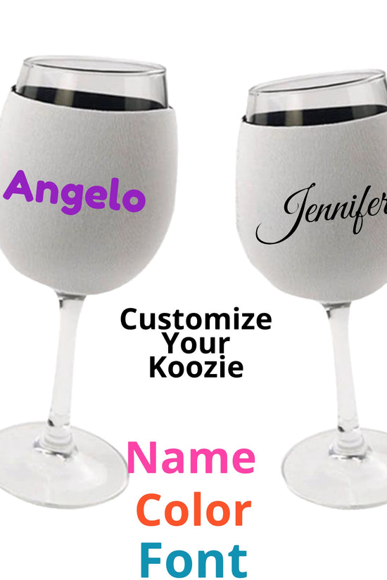 Two wine glasses featuring the Custom Wine Koozie by Kreative Kreationz. Each koozie is personalized, one showcasing 