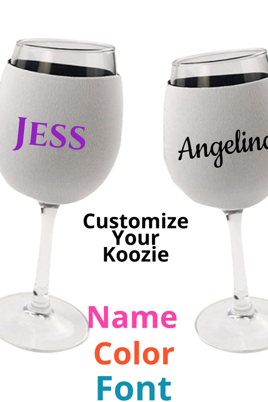 Two wine glasses come with personalized Custom Wine Koozies from Kreative Kreationz. The left koozie features the name 