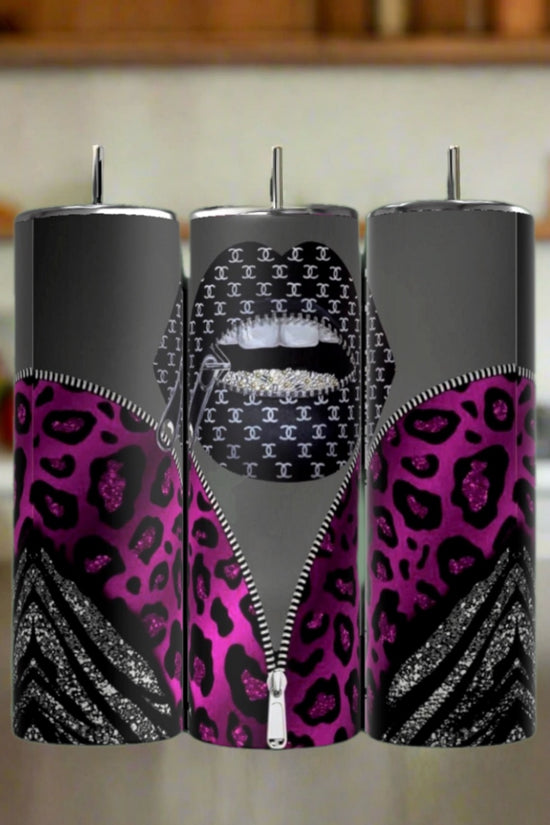 The Kreative Kreationz Louis Vuitton Zipper 20oz Tumblers feature spill-proof lids, a purple leopard and zebra pattern, lips with white teeth, and a repeating 
