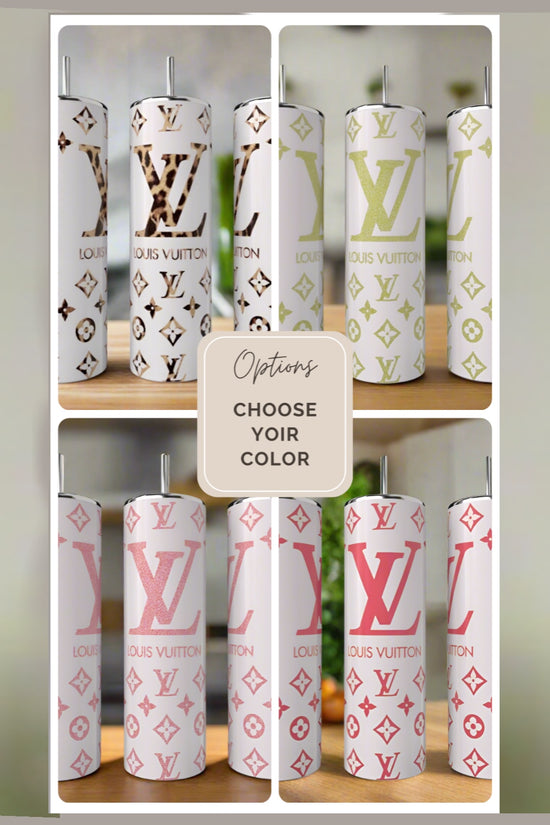 Eight LV Designed 20oz Tumblers by Kreative Kreationz are shown, each with Louis Vuitton-inspired vibrant patterns and a straw. A sign reads “Options: Choose your color”—ideal luxury eco-friendly drinkware for style enthusiasts.