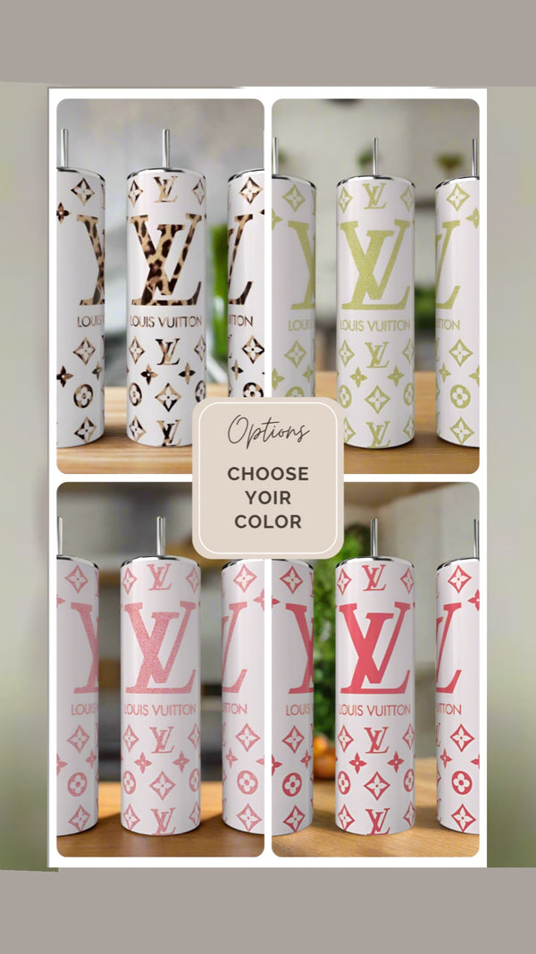 Eight LV Designed 20oz Tumblers by Kreative Kreationz are shown, each with Louis Vuitton-inspired vibrant patterns and a straw. A sign reads “Options: Choose your color”—ideal luxury eco-friendly drinkware for style enthusiasts.