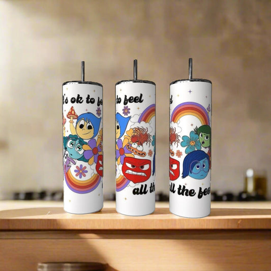 Three Pixar The Feels 20oz Tumblers by Kreative Kreationz, with colorful Inside Out characters and rainbow designs saying “It’s ok to feel all the feels,” make a vibrant addition to your luxury drinkware collection.