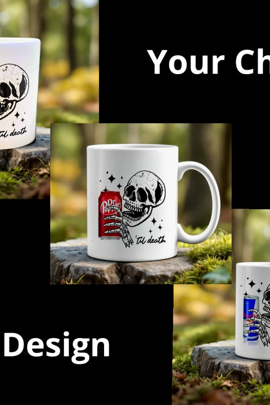 A collage displays three Kreative Kreationz mugs—Skull Ceramic Mug, Pepsi, and Red Bull—on mossy stumps. Black text reads “Your Choice Of Design.”.