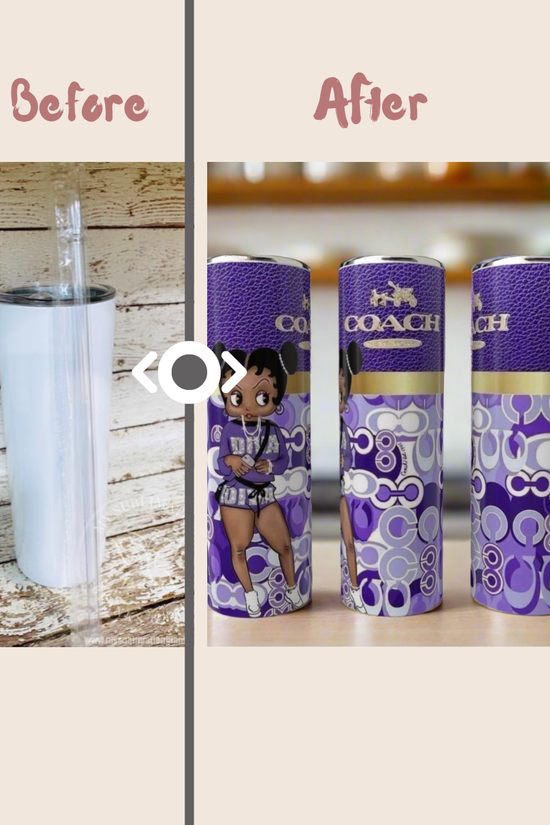 A side-by-side shows a plain white tumbler labeled 