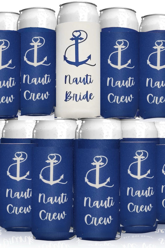 The Nautical Beach Theme 6-12 Pack Customizable Koozies by Kreative Kreationz, perfect for weddings and party favors, features beer cans with blue covers and a white anchor. The highlight is a 