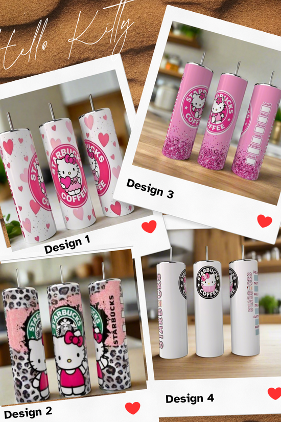 Four Kreative Kreationz Hello Kitty Starbucks Collection 20oz tumblers are shown, each labeled Design 1–4 with unique eco-friendly styles: pink hearts, leopard print, glitter, and coffee themes in stainless steel.