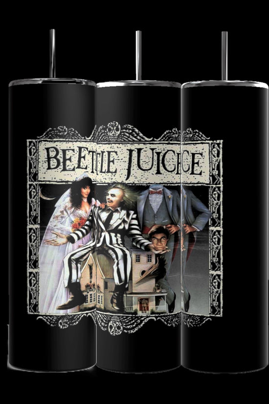 The Beetlejuice 20oz Tumbler by Kreative Kreationz features artwork from the movie 