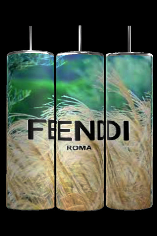 Three cylindrical Beach FENDI 20oz Skinny Tumblers by Kreative Kreationz feature double-wall insulation. The center tumbler displays 