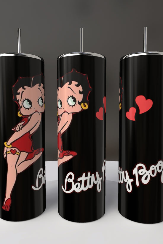Three Betty B 20oz Skinny Tumblers by Kreative Kreationz showcase Betty Boop in a red dress, stockings, and heels with red hearts. 