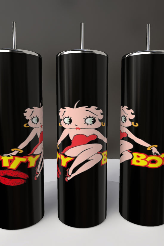 Three stylish Betty B20oz Skinny Tumblers by Kreative Kreationz feature a retro cartoon design with a woman in a red dress and bold 