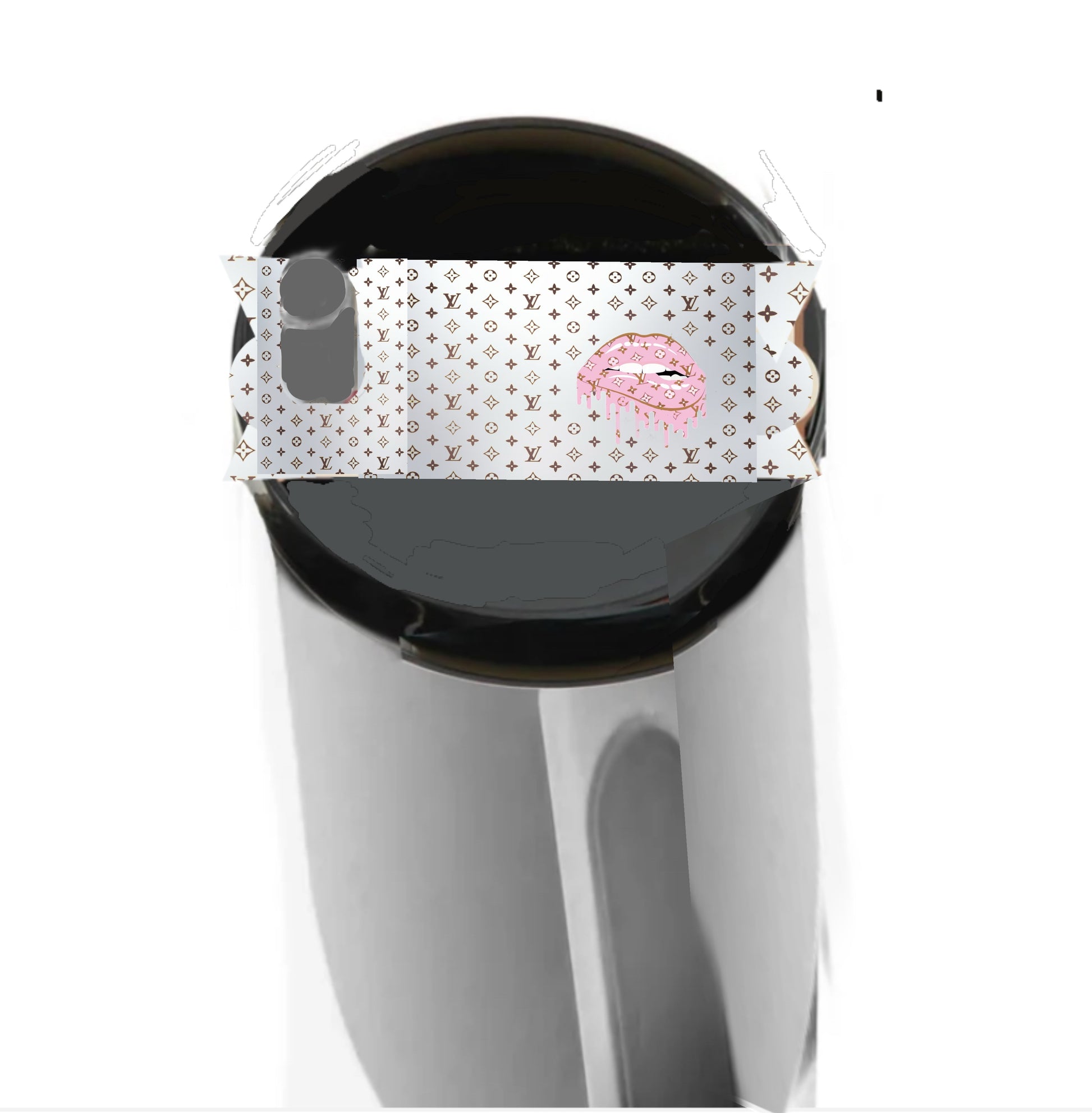 A metallic Stanley lid plate/topper by Kreative Kreationz, named "Louis Vuitton Dripping Lips" in silver, features a Louis Vuitton-inspired pattern and pink lips edited over the opening.
