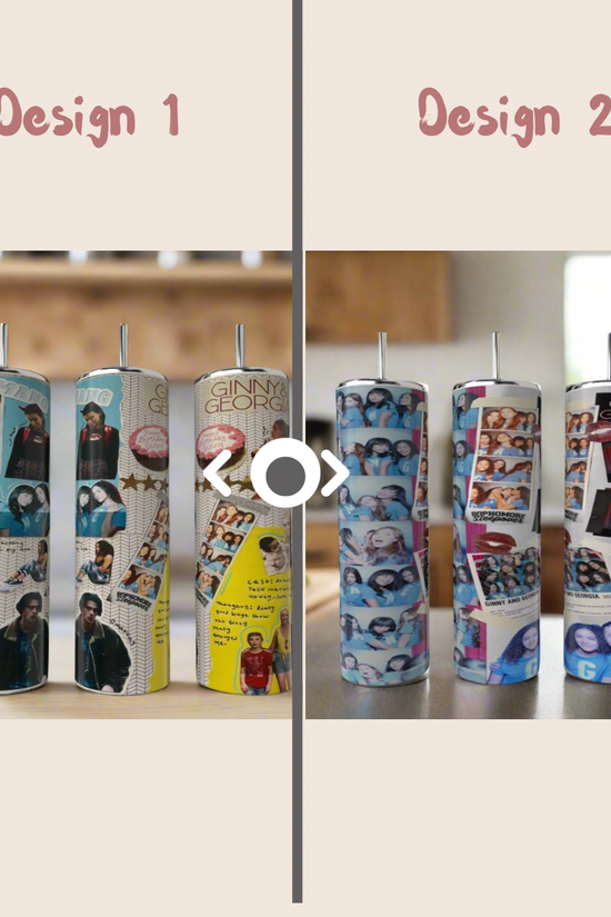Two side-by-side designs for the Kreative Kreationz Ginny & Georgia Collage Girls 20oz Tumbler, each featuring group photo collages and various text. The left is labeled 