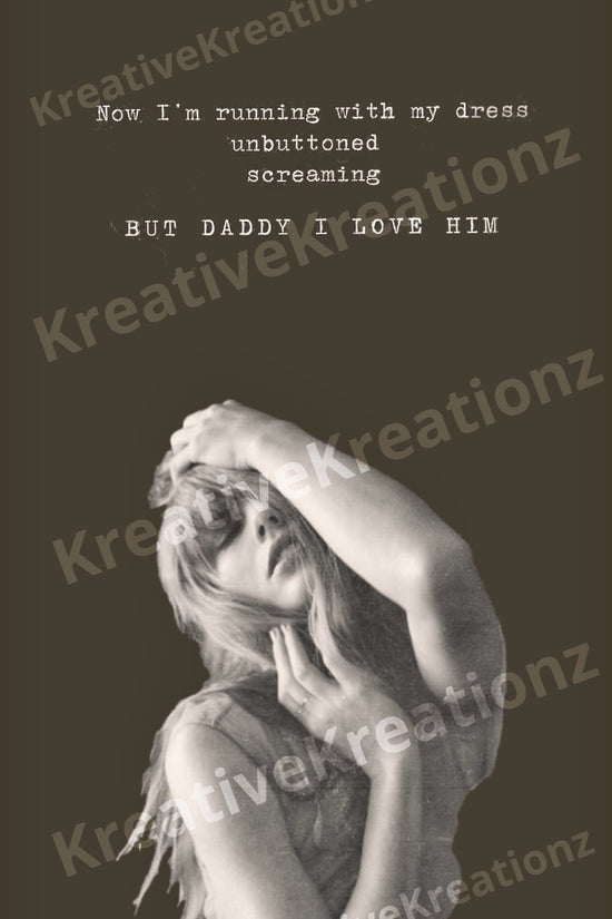 A black-and-white image of a woman with long hair posing with one hand on her head and the other crossing her body. Text above reads, 