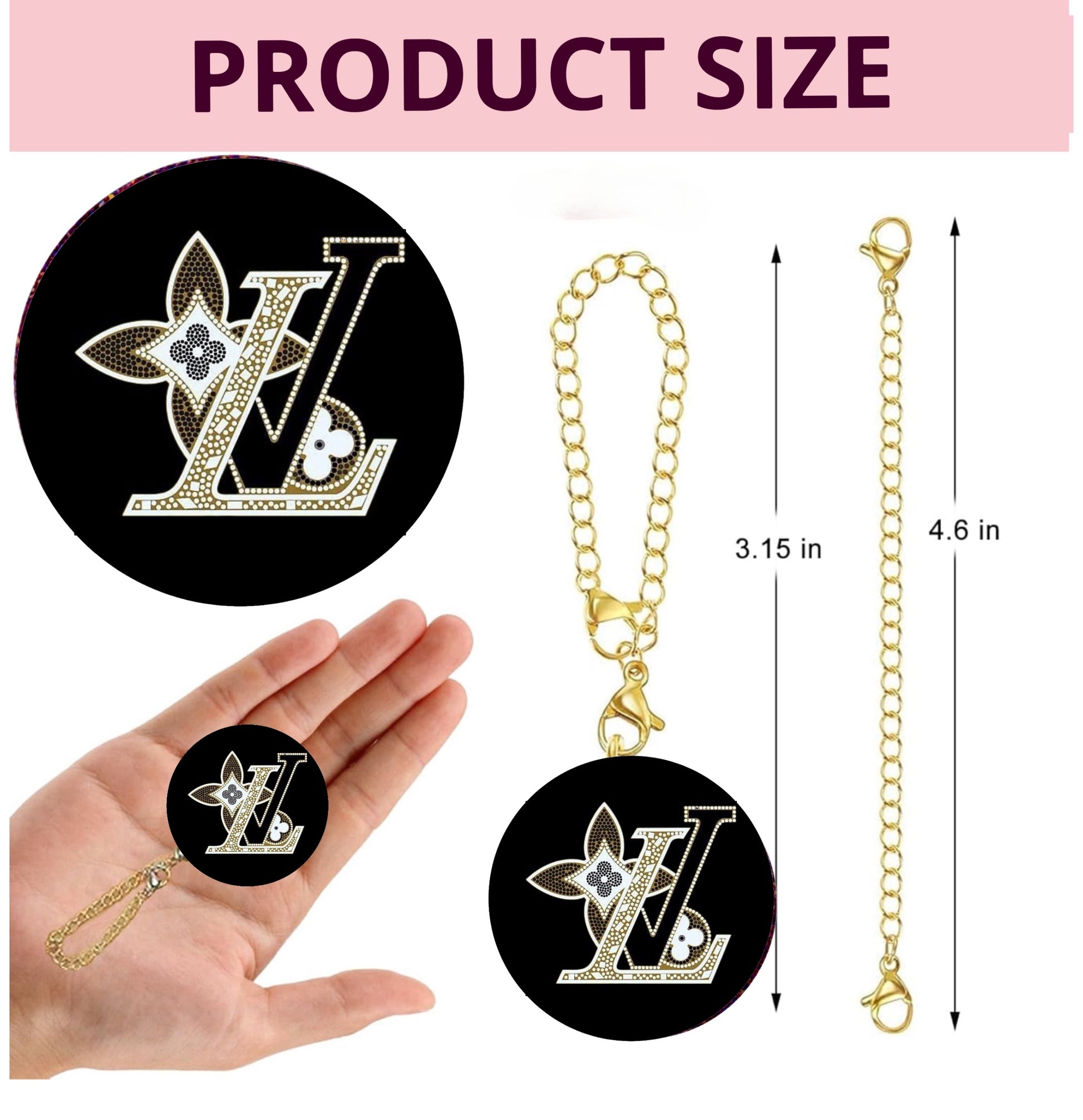 The LV Charm Dangle by Kreative Kreationz is a round keychain cup accessory with a gold chain, clasp, and decorative "LV" logo on black. Measures 3.15" (charm), 4.6" total length; shown in hand for scale.