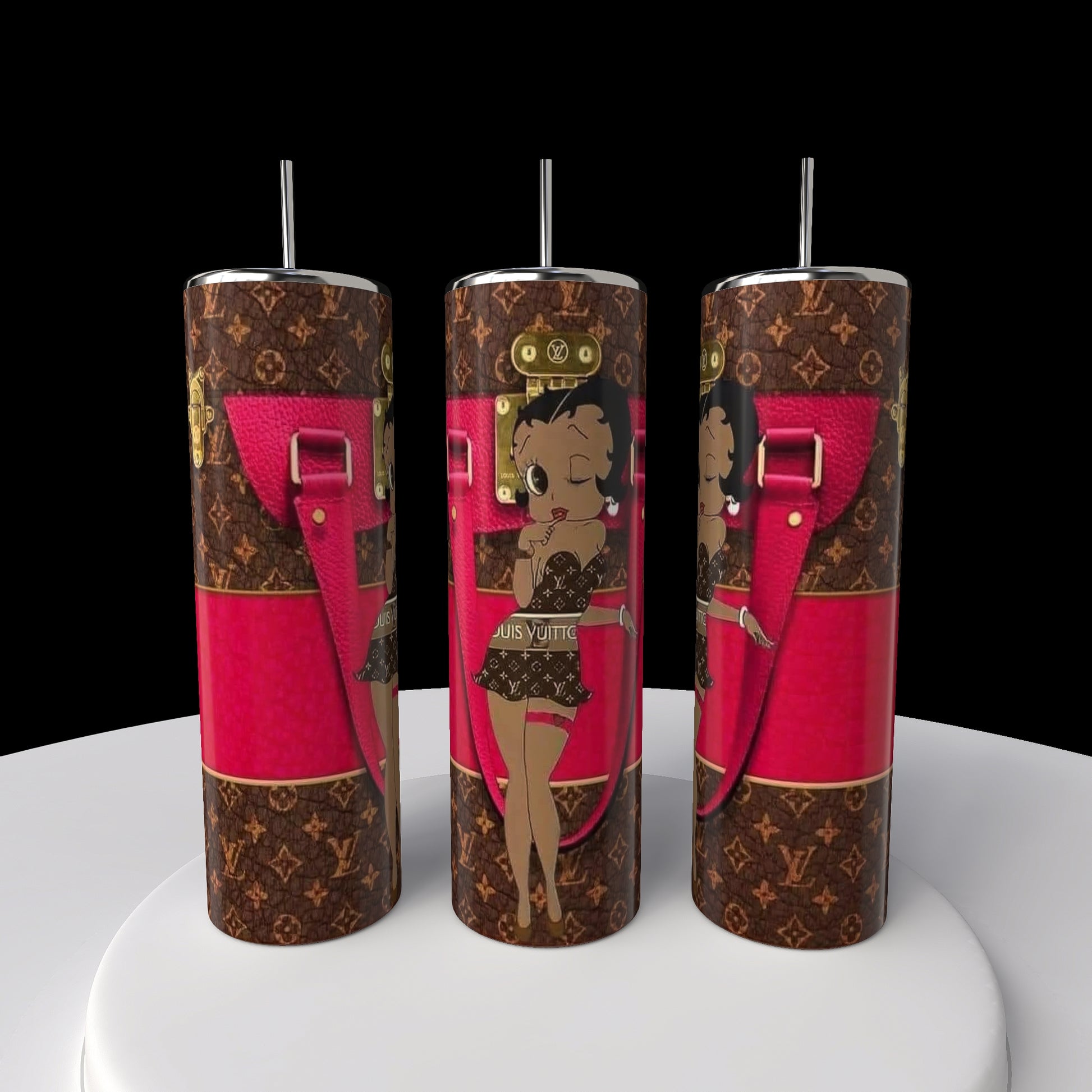 The Betty B Coach 20oz Skinny Tumbler by Kreative Kreationz has black and brown patterns with a cartoon character in swimwear. Featuring pink accents like straps and buckles, it's the perfect quirky addition to your collection.