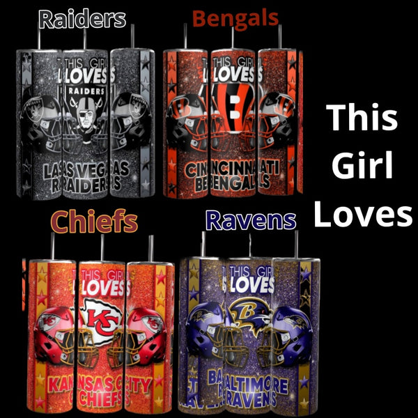 Kreative Kreationz’s "This Girl Loves (Team)" custom 20oz skinny tumblers feature NFL teams—Raiders, Bengals, Chiefs, and Ravens—with spill-proof lids and reusable straws.